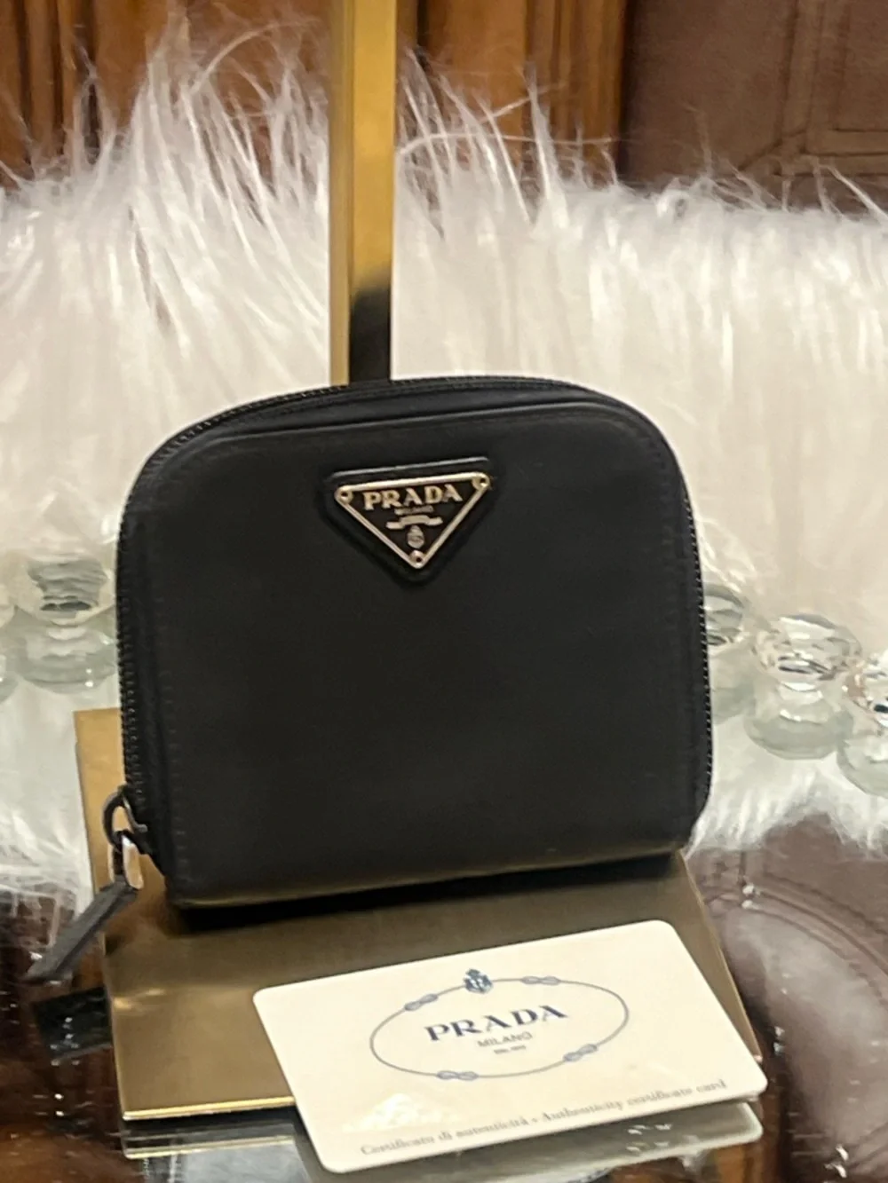 Prada Black Nylon Zip Around Compact Wallet with Triangle Logo